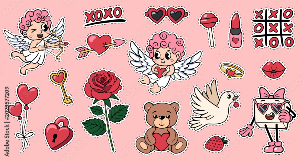 Obraz premium Groovy Valentine Day sticker set. Cute cartoon retro love characters in 70s-90s y2k comic style with cupid, teddy bear, rose and hearts. Vector romantic patches collection.