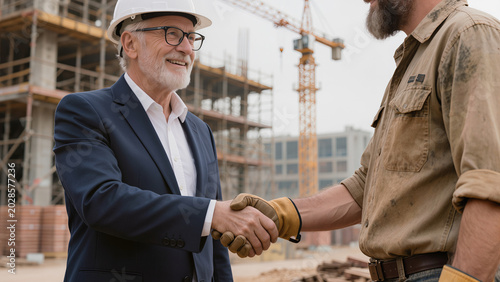 Business Manager and Construction Worker Shaking Hands on Site