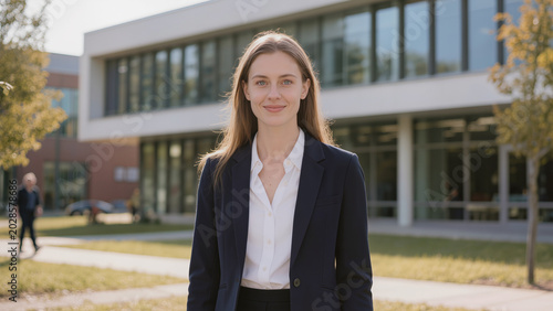 Professional Businesswoman Standing Outside Modern Office Building