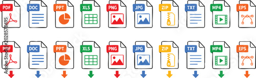 Set of file format icons for document management systems with colorful extension labels.