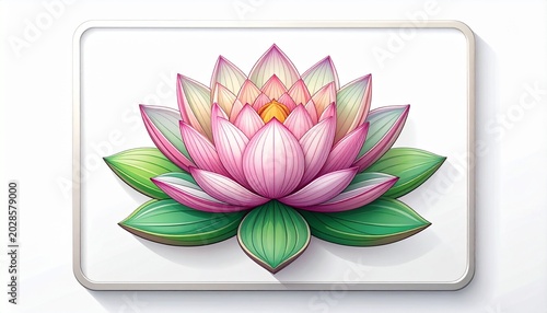 Pink Lotus Flower Illustration with Green Leaves on White Background, Vector Art