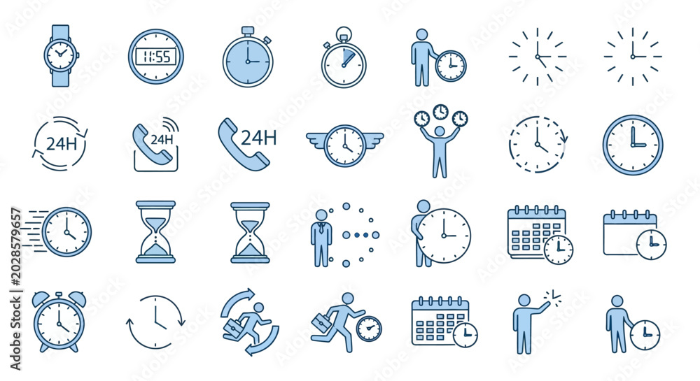 Fototapeta premium Comprehensive collection of time management and scheduling concept icons, illustrating efficiency, deadlines, and planning for business and daily life applications