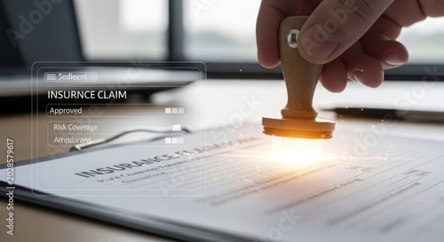 Hand stamping an insurance claim document with a wooden stamp, signifying approval and policy confirmation.