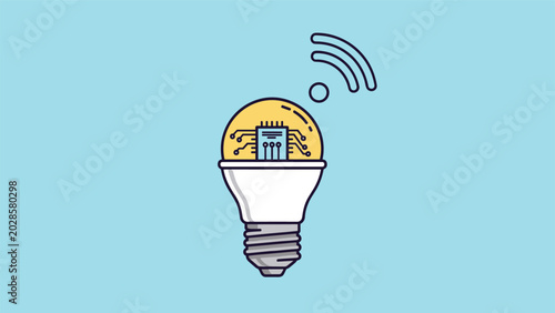 Conceptual illustration of a smart light bulb with circuit board and wifi signal symbol representing iot technology.