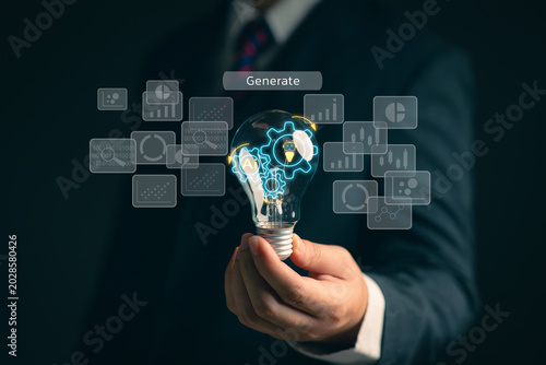 The concept of using AI in the workplace. Business people are asking AI to help them with certain tasks. A concept of future technology. AI-powered management systems.
