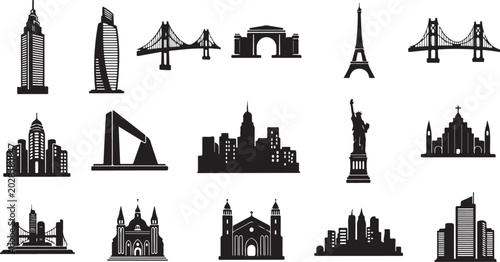 Black silhouettes of famous landmarks and city skylines around the world in one frame
