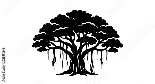 Cuadro en lienzo Banyan tree silhouette and flat design vector icon illustration