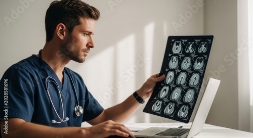 Doctor analyzing brain mri scan on laptop computer in clinic office medical professional with stethoscope looking at patient tomography results healthcare research diagnosis technology