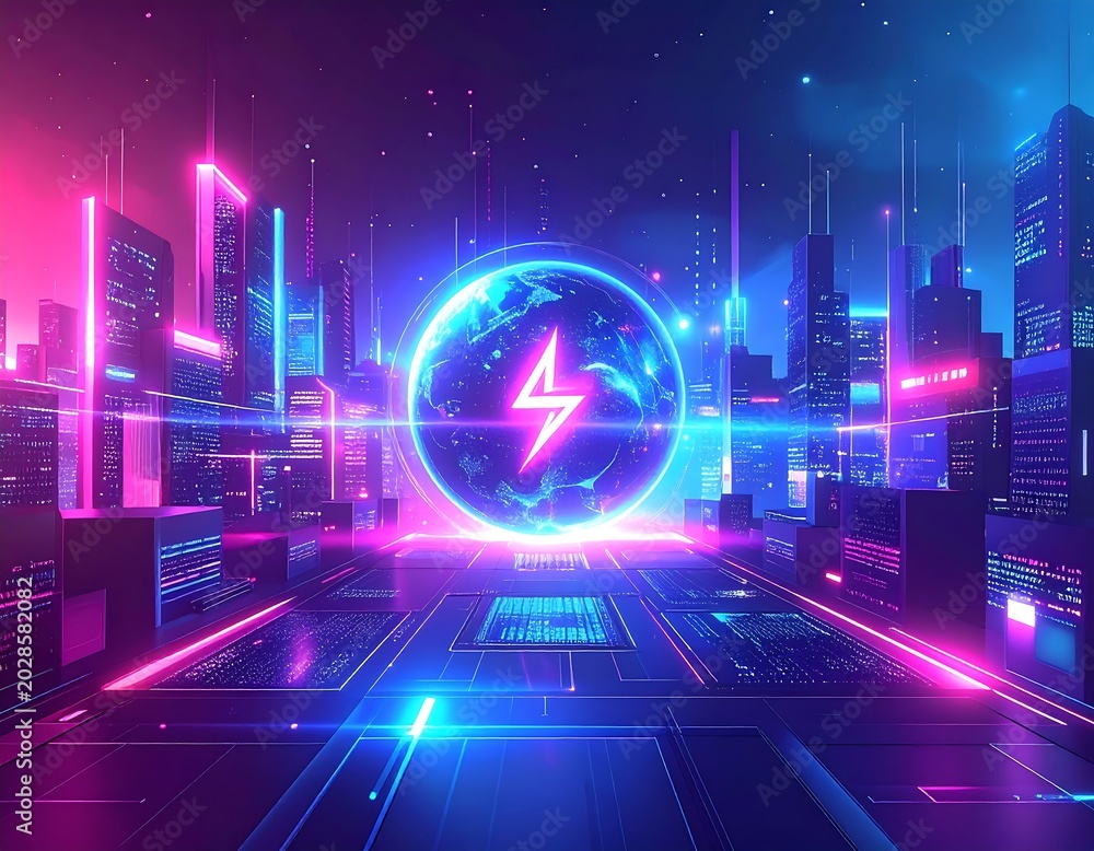 Obraz premium Glowing Futuristic Energy Symbol Floating Above Neon Cyberpunk City Skyline