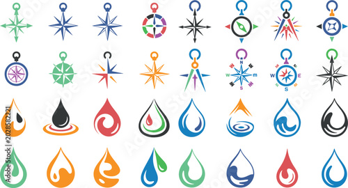 colorful compass and water drop icons on white background for navigation and ecology concepts