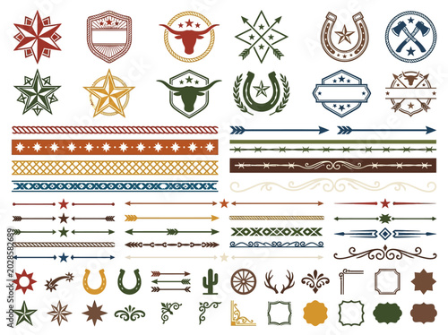 Versatile collection of retro western design elements, including vintage badges, rustic borders, and cowboy decorative accents.