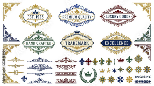 Collection of retro luxury packaging ornaments and decorative elements, including vintage frames, labels, and borders for premium branding.