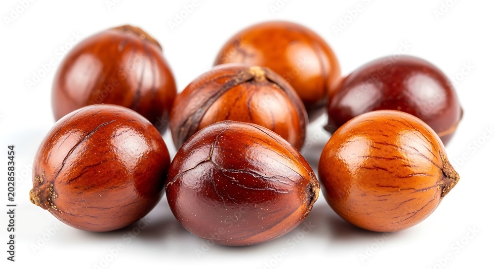 Obraz premium Close up of freshly harvested hazelnuts on white background