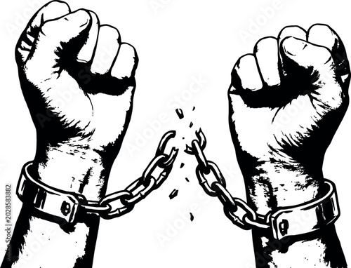 Foto Illustrative depiction of two hands breaking apart a broken chain, symbolizing f
