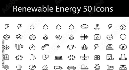 Schilderij op canvas Renewable Energy Icons Collection: A diverse set of 50 outline icons representing various forms of renewable energy sources and technologies, including solar, wind, water, and geothermal power