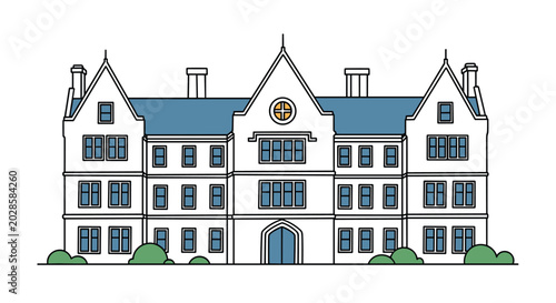 Tableau sur toile Detailed architectural drawing of a classic university or manor building with multiple windows and gabled roof sections