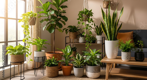 Collection of potted indoor plants in various containers on transparent background