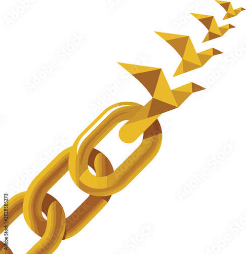 Photos Golden metal chain link breaking apart and transforming into a flock of flying p