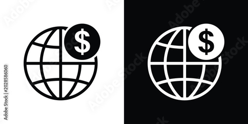 Global finance icon with globe and dollar coin. Worldwide economy, international business, trade, offshore banking, and global market vector.