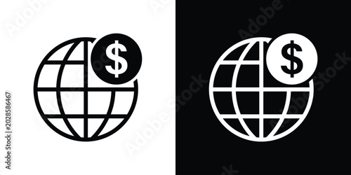 Global finance icon with globe and dollar coin. Worldwide economy, international business, trade, offshore banking, and global market vector.