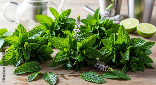 Fresh green mint leaves and lime slices on transparent background high quality