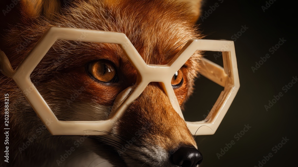 Fototapeta premium Red Fox Wearing Oversized White Geometric Glasses, Amber Eyes, Highly Detailed Fur, Quirky Animal Fashion Portrait, Luxurious Studio Lighting