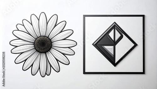White daisy flower illustration and geometric startup success icon in black and white line art style