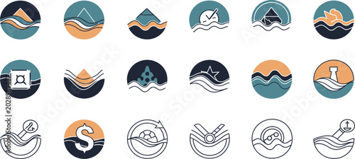 Obraz na płótnie Set of circular icons with abstract wavy lines and various symbols representing
