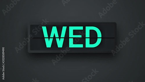 Animated flip clock displaying colorful days of the week on a dark background, motion graphic
