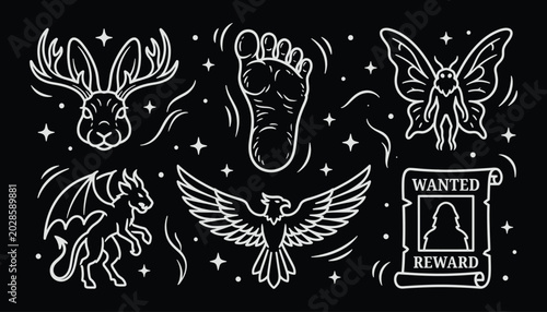 Mythical creatures and urban legends line art icons for mystery and storytelling