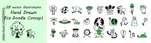 Vector collection of hand-drawn green doodles featuring environmental themes like recycling, plant growth, and earth protection.