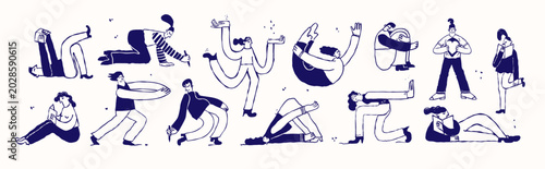 People Character Set in Line Art Retro Cartoon Style in unique poses reading, writing, and stretching.
