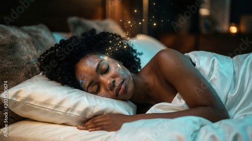 Dreamy sleep scene with enchanting sparks bedroom photography cozy atmosphere side view