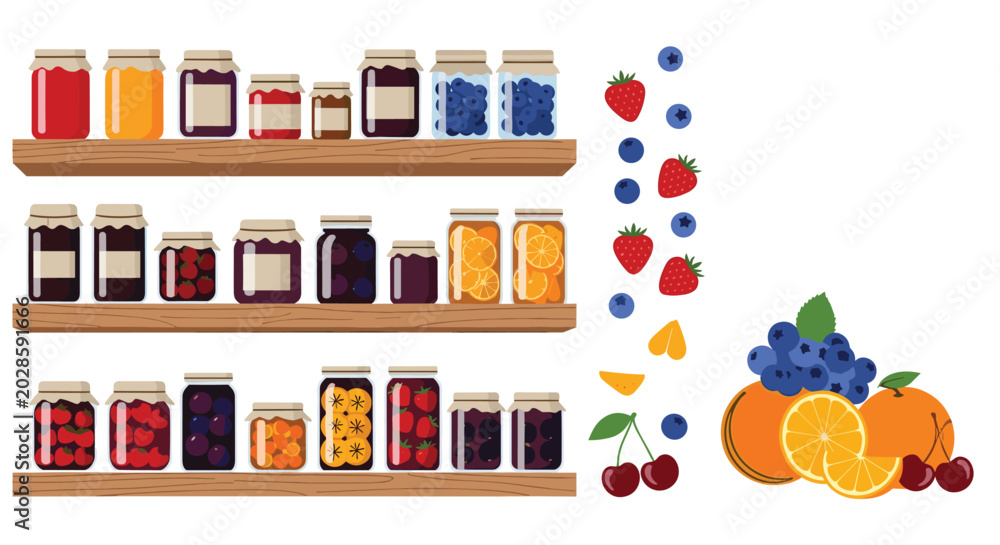 Fototapeta premium Pantry shelves filled with glass jars of fruit preserves and jams next to fresh berries and citrus fruits.