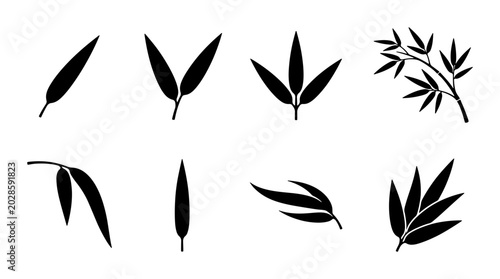 Black Bamboo Leaf Silhouettes, Elegant Plant Elements, Minimalist Nature Icons, Vector Graphics for Design