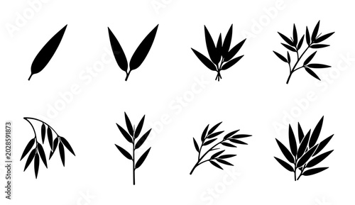 Bamboo Leaves Vector Icons, Black Silhouette Botanical Elements, Nature Plant Sprigs Collection for Design