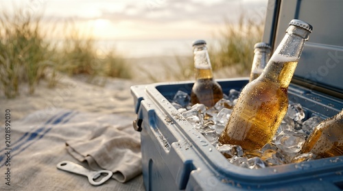 Cold glass bottles of beer resting in a blue cooler filled with ice on a sandy beach with grass and ocean in the background during sunset