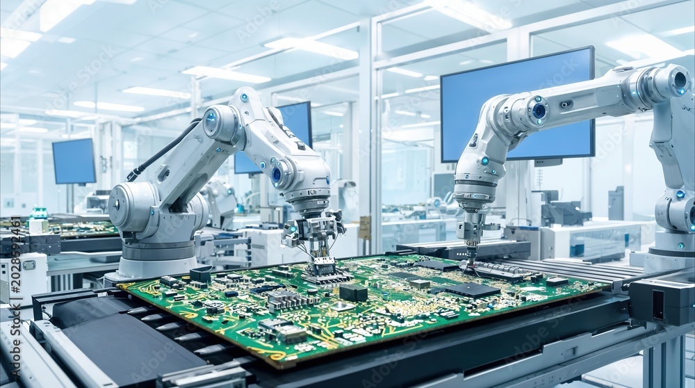 Fototapeta premium Precision robotic arms installing electronic components on a large circuit board. High-tech electronics manufacturing in a cleanroom laboratory facility.