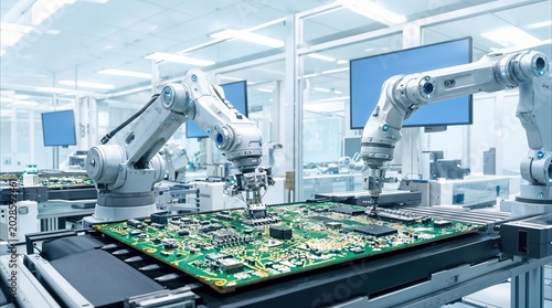 Precision robotic arms installing electronic components on a large circuit board. High-tech electronics manufacturing in a cleanroom laboratory facility.