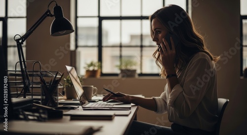 Woman working late in home office, on phone and laptop, ambient lighting, city view outside window