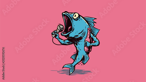 Foto Animated Blue Fish Character Singing