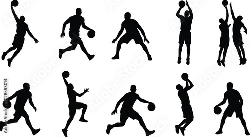 Fotografie Basketball Player Silhouette Set with Dynamic Action Poses Including Dribbling,