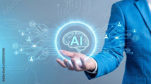Man hand hold digital hologram AI or artificial intelligence brain icon for email marketing automation technology communication system message campaign personalization analysis workflow concept