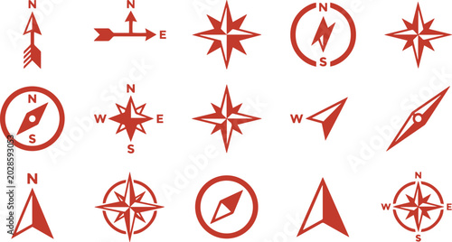 Vintage red compass rose icons, set of 15 nautical wind rose symbols, antique navigation map elements, cardinal direction arrows for travel and cartography isolated on White Background