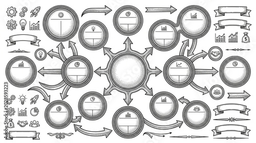 Collection of Hand Drawn Decorative Elements and Flowchart Shapes.