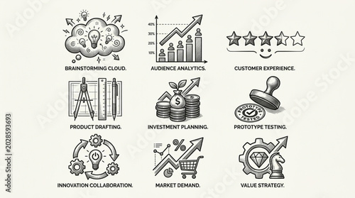 Collection of hand-drawn business and finance icons with charts and ideas.