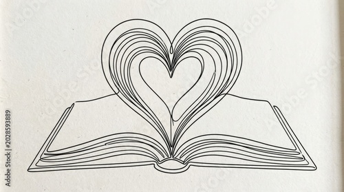 A black line drawing of an open book forming a heart shape with its pages