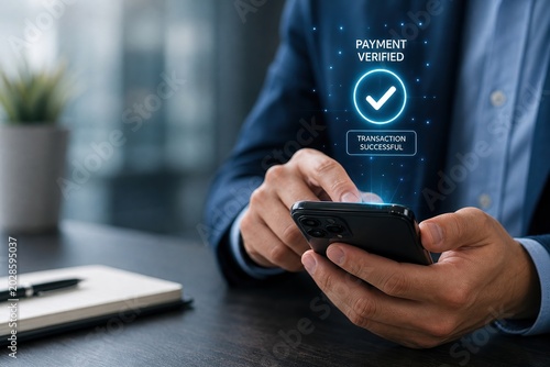 Mobile payment success digital transaction financial verification office environment close-up view technology concept
