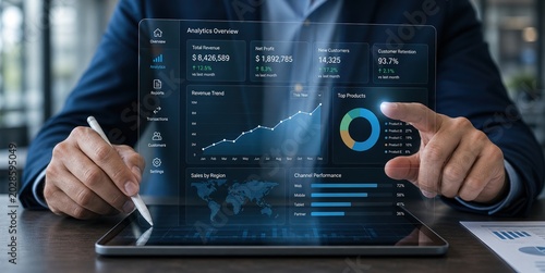 Business analytics review office workspace data visualization interactive dashboard professional environment future insights