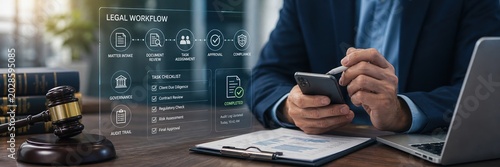 Legal workflow management strategies office setting digital content professional environment close-up view efficiency and organization